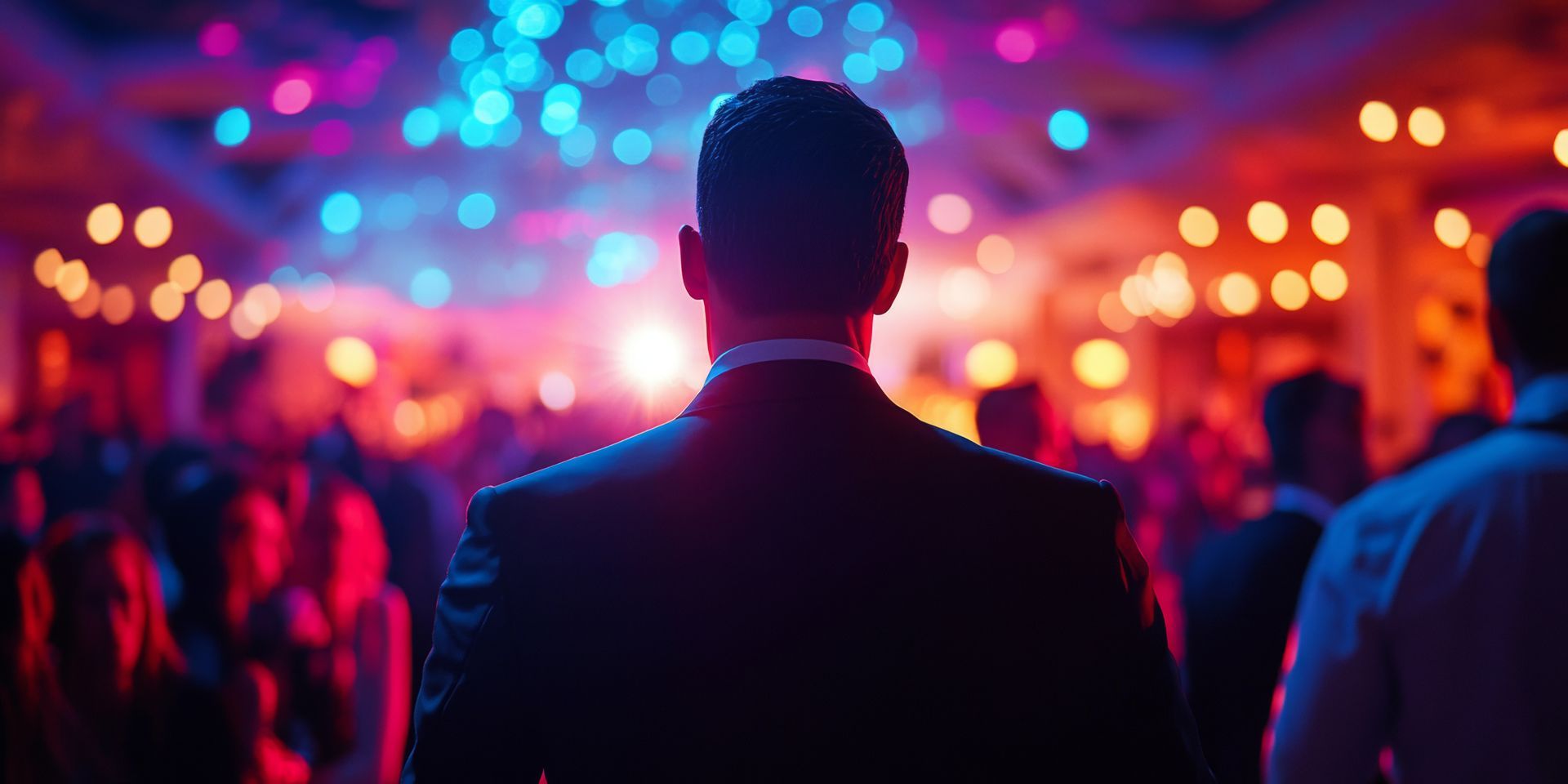 Personne vue de dos, vêtue d'un costume sombre, lors d'un concert ou dans une boîte de nuit aux couleurs vives, avec les lumières de la foule floues.
