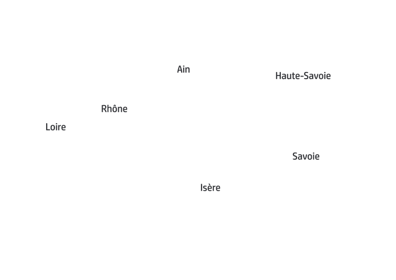 Une carte des départements français où figurent les noms Loire, Rhône, Ain, Haute-Savoie, Isère et Savoie disposés dans l'espace.