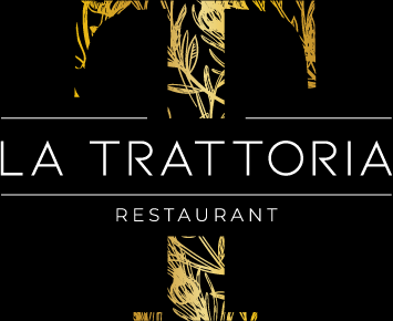 Logo des Restaurants La Trattoria: Schwarzer Hintergrund mit goldenem „T“ mit Blumenmuster und weißem Text.