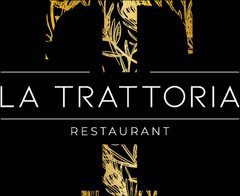 Logo des Restaurants La Trattoria: Schwarzer Hintergrund mit goldenem „T“ mit Blumenmuster und weißem Text.