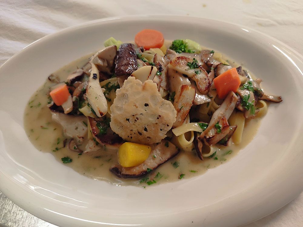 Nudelgericht mit Champignons, Karotten, Brokkoli und Sahnesauce auf weißem Teller.