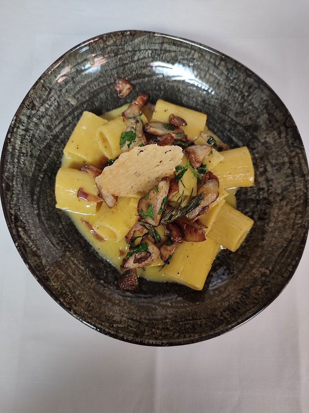 Nudelgericht in einer dunklen Schüssel, cremige gelbe Sauce, garniert mit Pilzen und Kräutern.