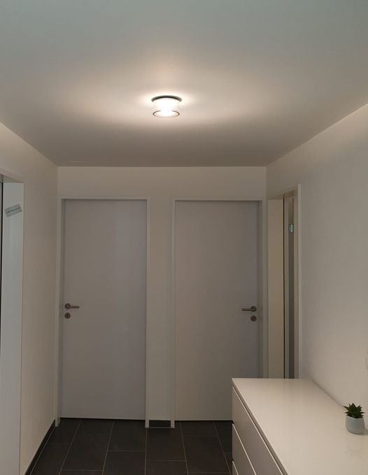 Ein Flur mit zwei weißen Türen und einer Kommode.