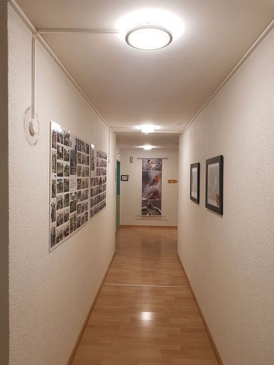 Ein langer Flur mit Bildern an der Wand und einer Lampe an der Decke.