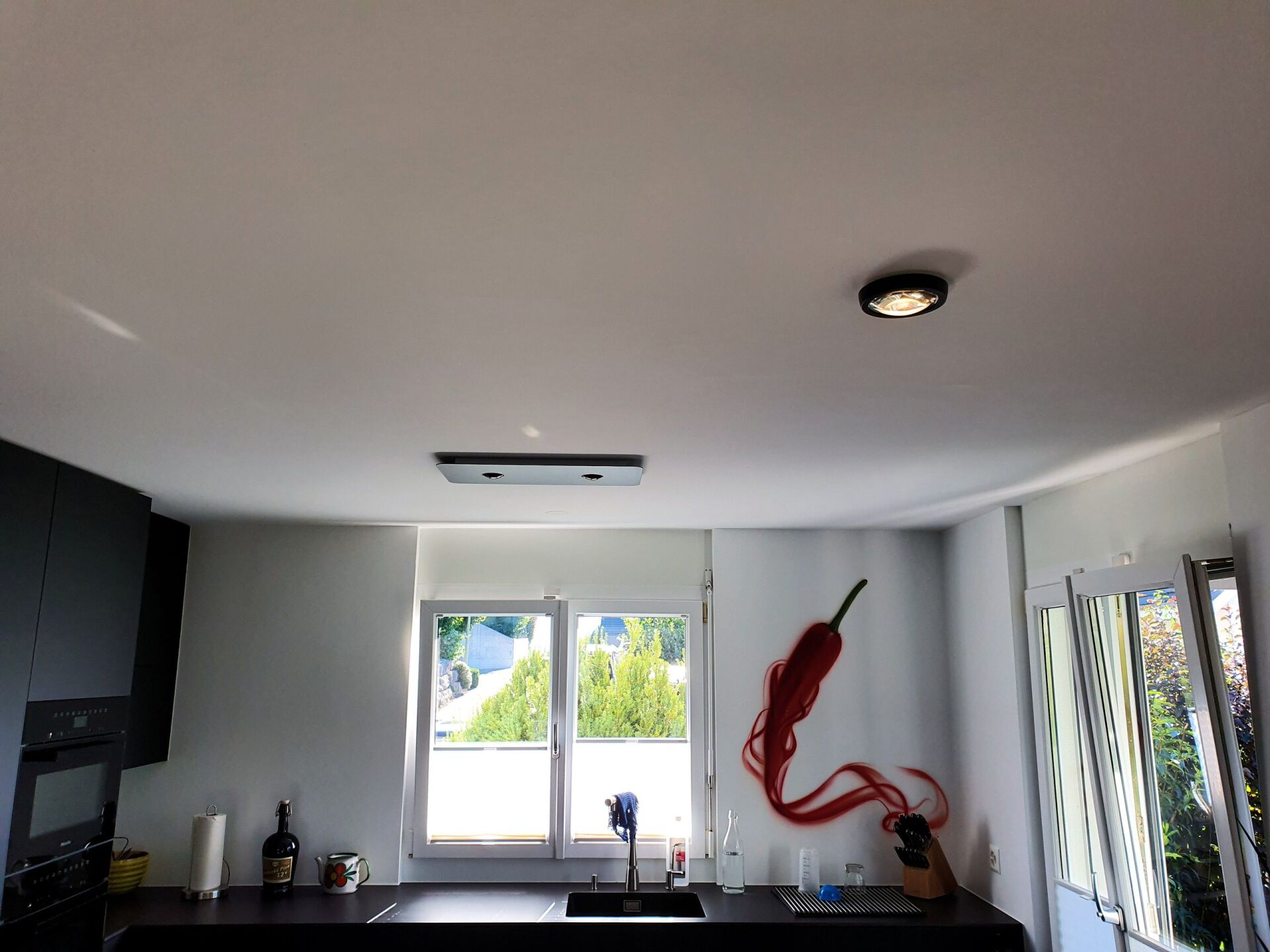 Eine Küche mit einem Gemälde einer roten Paprika an der Wand