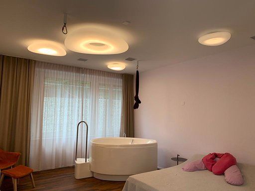 Ein Zimmer mit einer Badewanne und einem Bett darin.