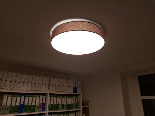 Eine Deckenleuchte in einem Raum mit Ordnern auf Regalen