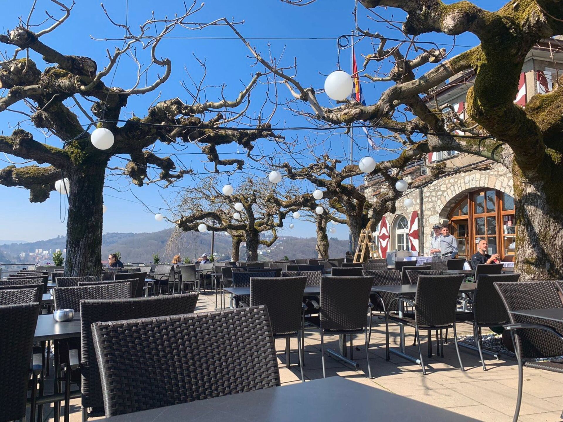 Ein Restaurant mit Tischen und Stühlen unter einem Baumdach