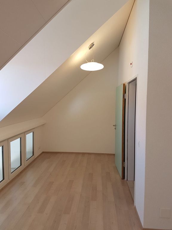 Ein leerer Raum mit gewölbter Decke und Hartholzböden