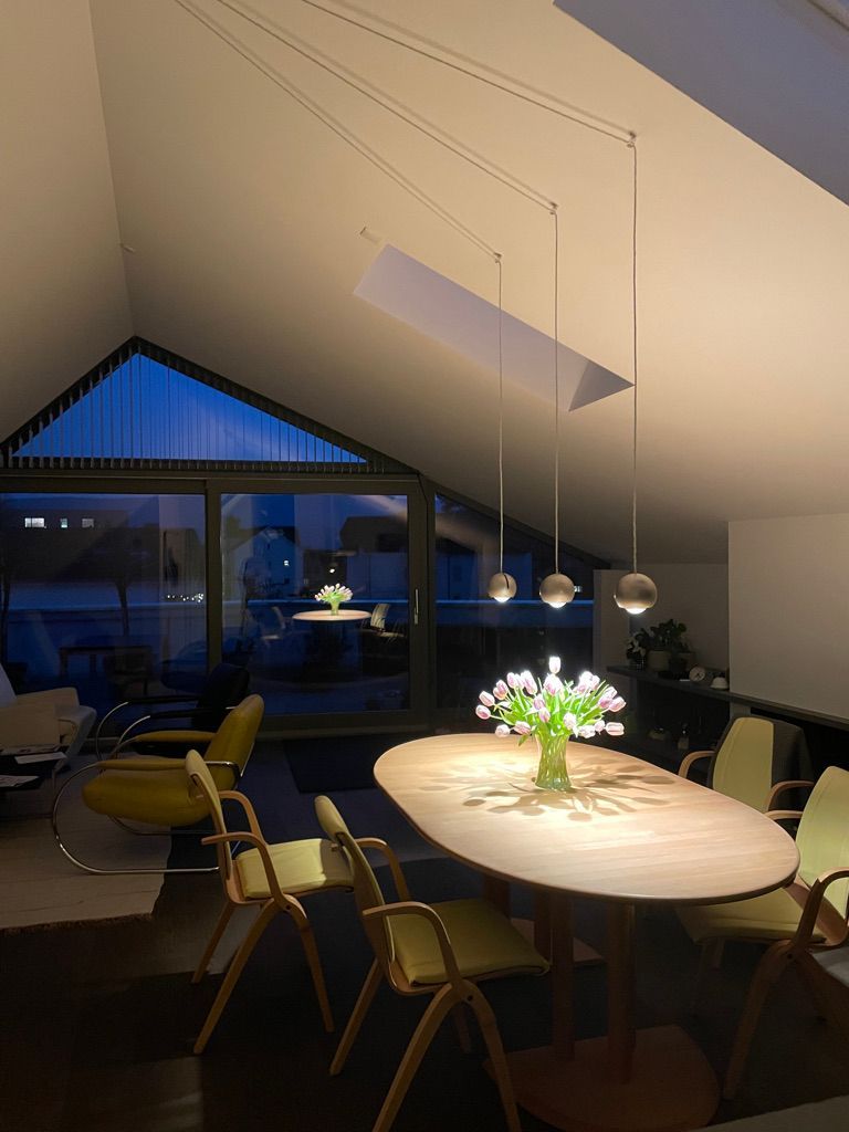 Ein Esszimmer mit einem Tisch und Stühlen und einer Vase mit Blumen auf dem Tisch.