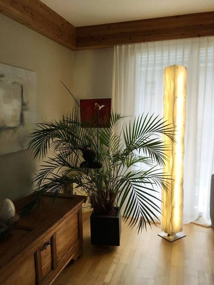 Ein Wohnzimmer mit einer Palme und einer Lampe