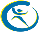ein blau-gelbes Logo mit einer Person im Kreis.
