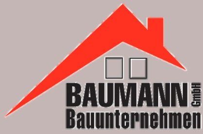 Logo der Baumann Baufirma mit rotem Dach und schwarzem Text auf grauem Hintergrund