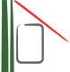 Minimalistische Grafik mit grünen vertikalen Balken, einer roten Diagonalen und einem abgerundeten grauen Quadrat-Symbol