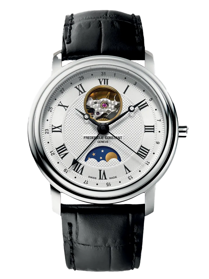 Uhr mit Silbergehäuse, römischen Ziffern, Mondphasenanzeige und offenem Herzdesign an einem schwarzen Lederarmband.