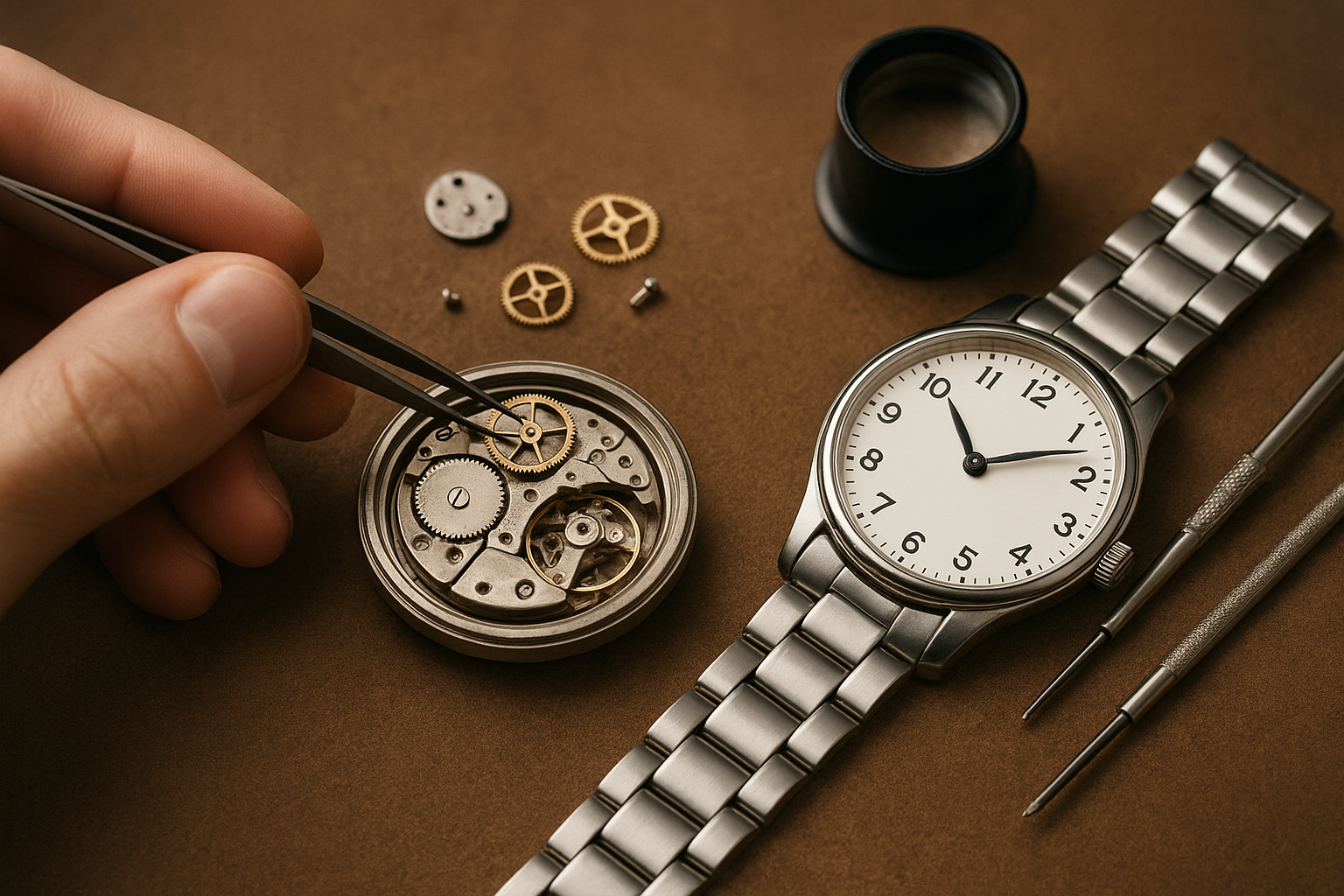 Uhrenreparatur mit Zeigern mittels Pinzette am Uhrwerk, anderen Teilen und einer fertigen Uhr auf brauner Oberfläche.