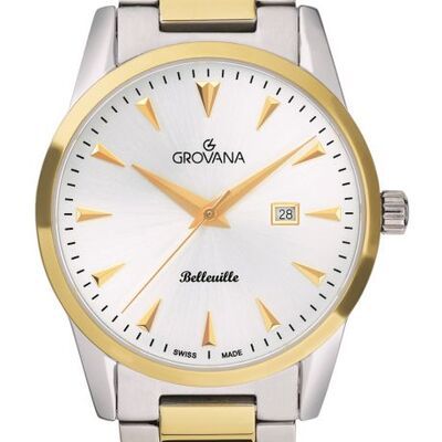 Silber- und goldene Grovana Belleville-Uhr mit weißem Zifferblatt und Datumsfenster.