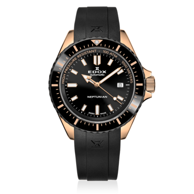 Edox Neptunian-Uhr in Roségold und Schwarz mit schwarzem Kautschukarmband.