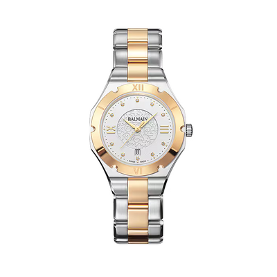Zweifarbige Balmain-Uhr mit weißem Zifferblatt, goldener Lünette und silber-goldenem Armband.