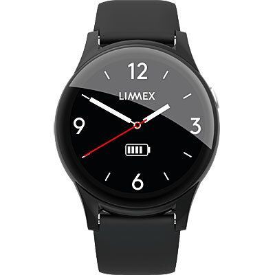 Schwarze Smartwatch mit rundem Zifferblatt, weißen Zeigern und Zahlen sowie einer Batterieanzeige.