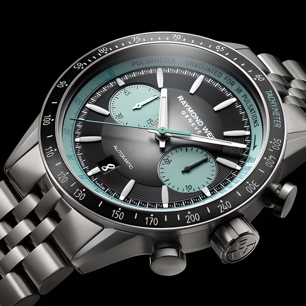 Silberner Chronograph mit schwarzen und blaugrünen Akzenten, Stahlarmband.