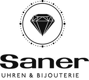 Logo für das Juweliergeschäft Saner mit einem Diamanten in einem gepunkteten Kreis und dem Geschäftsnamen darunter.