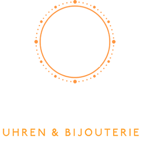 Orangefarbenes, kreisförmiges Logo mit gepunktetem Rand; darunter Text „UHREN & BIJOUTERIE“.
