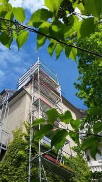 Ein Gebäude mit einem Gerüst an der Seite und einem Baum im Vordergrund.