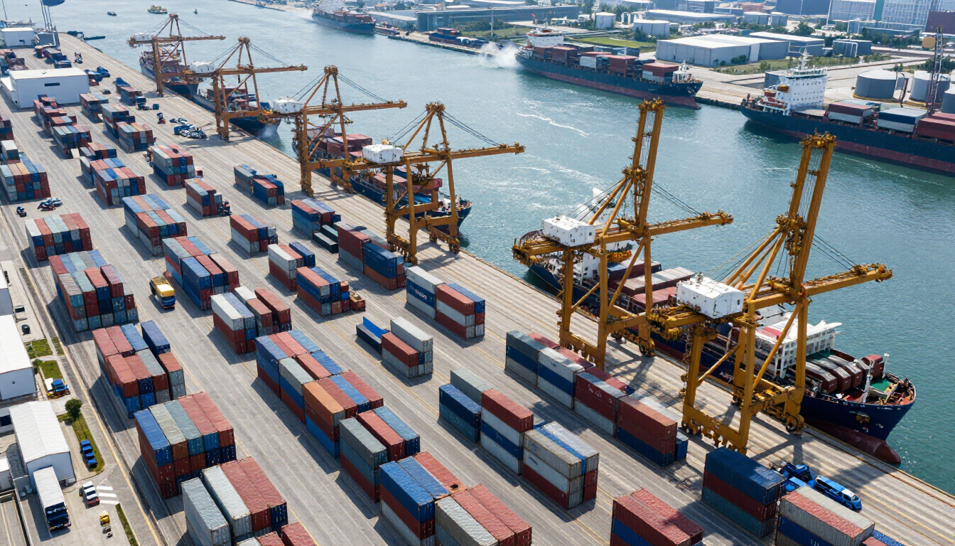 Puerto moderno con grúas y contenedores