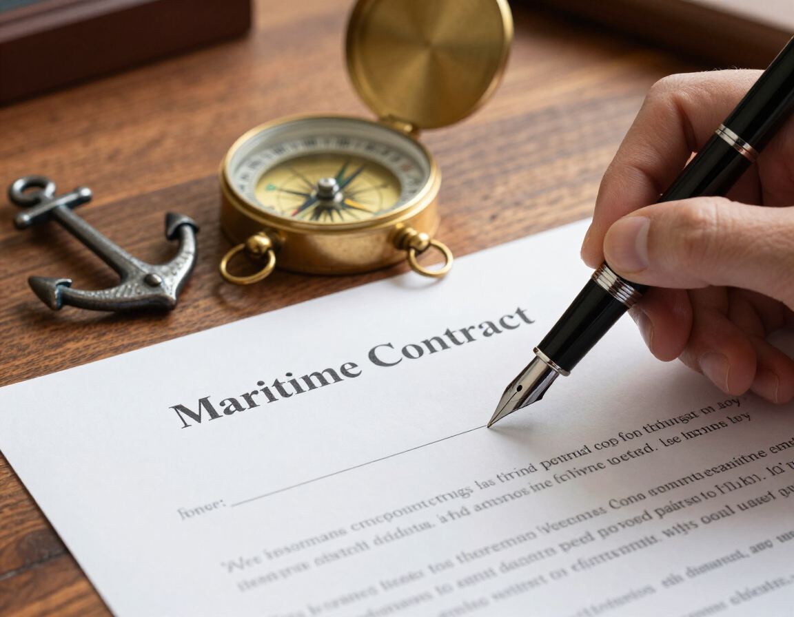 Contrato marítimo siendo firmado con elementos náuticos