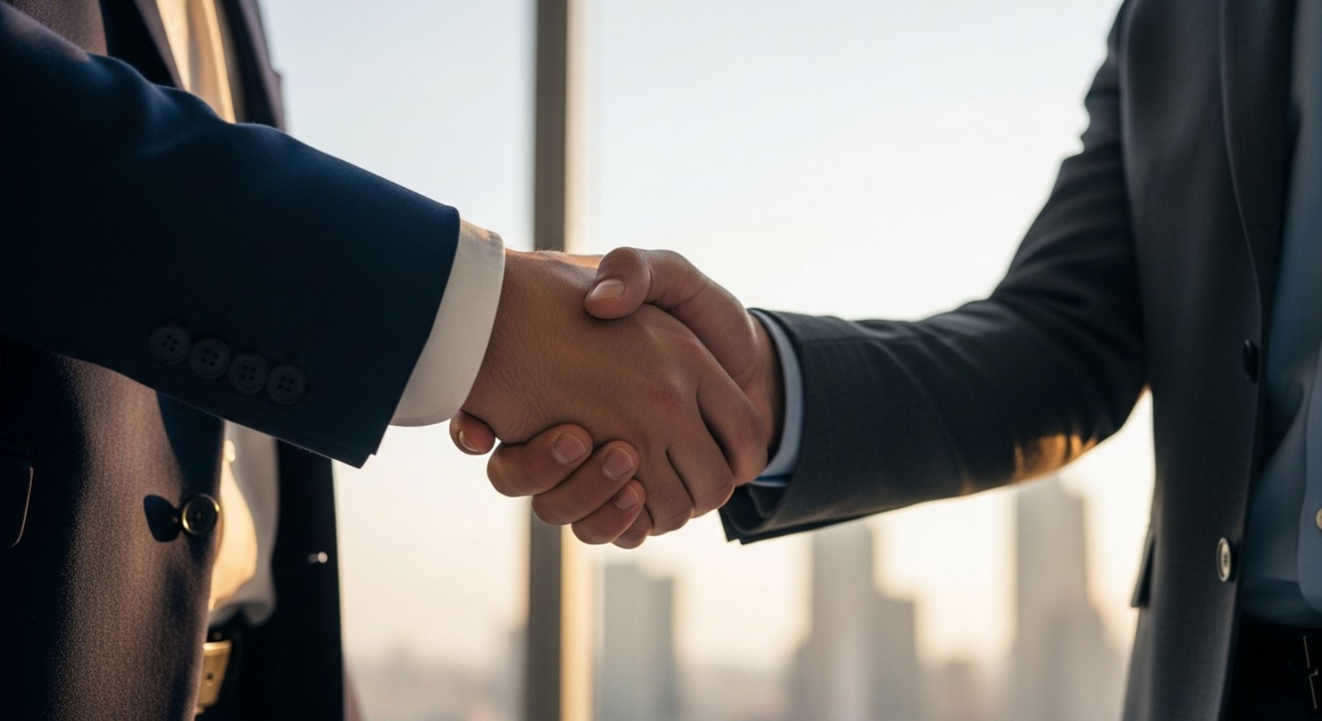 Dos hombres de negocios con traje se dan la mano, con el paisaje urbano al fondo.