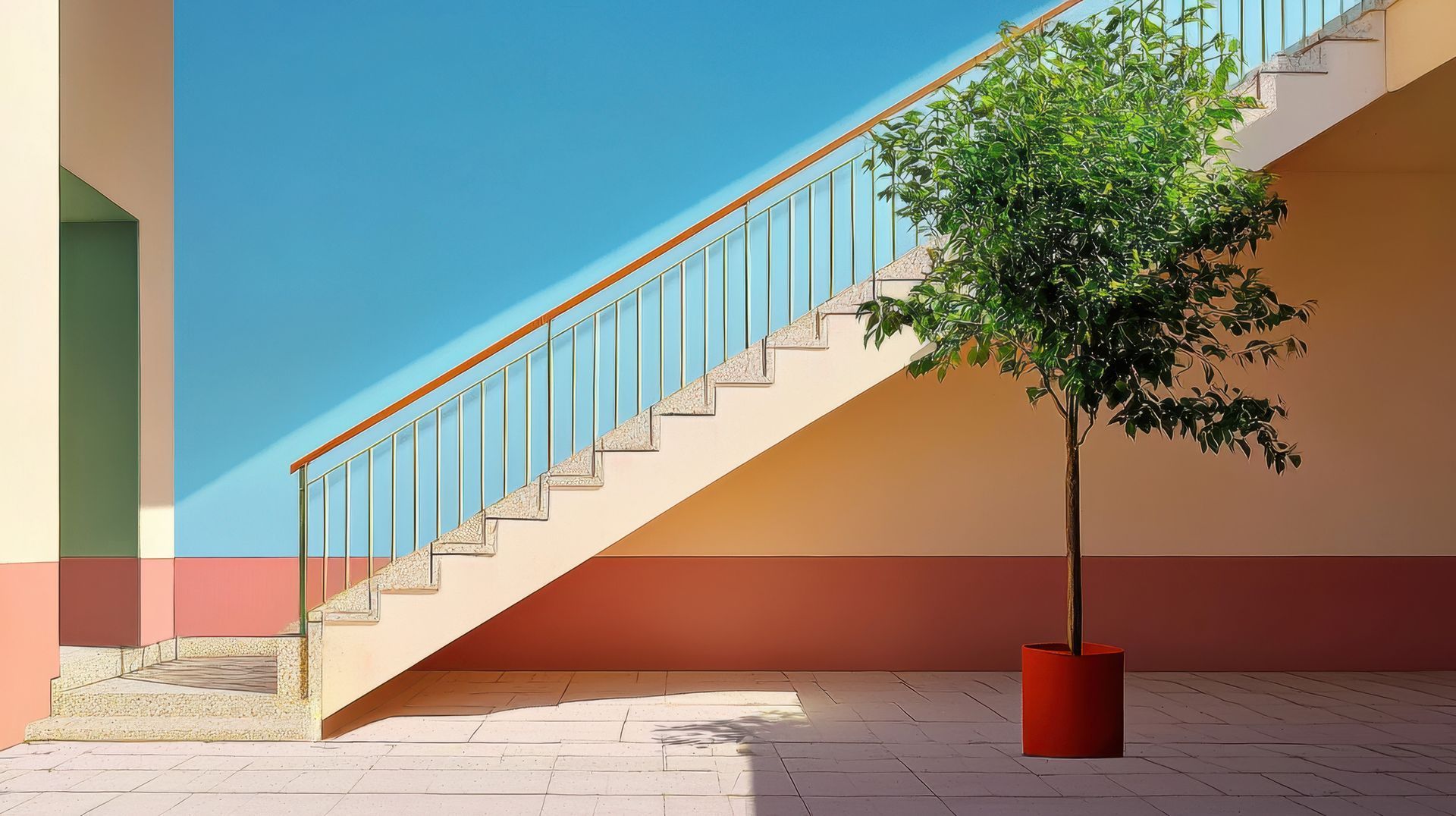 Escalera contra una pared azul, con un árbol en una maceta roja; paredes beige y rojas rodean.