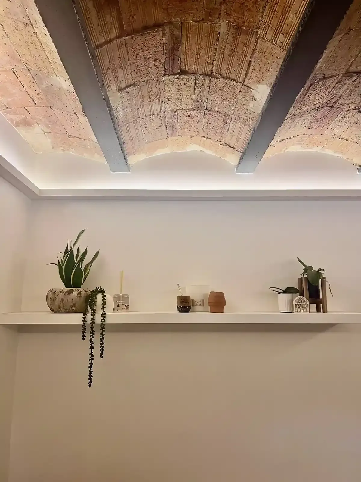 Habitación blanca con estante flotante, plantas y diseño de techo tipo ladrillo con iluminación LED.