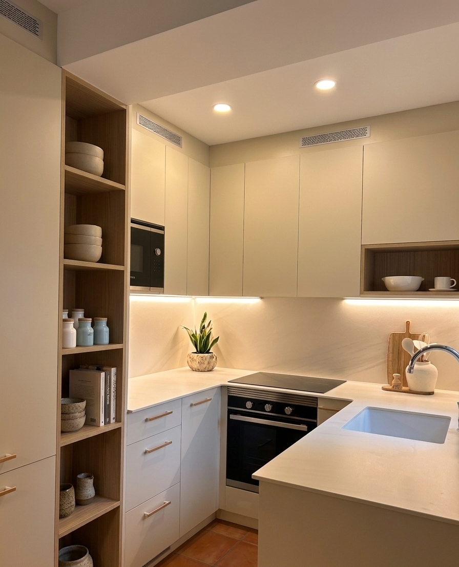 Cocina moderna con gabinetes grises, detalles en negro y vitrinas con frente de vidrio con iluminación.