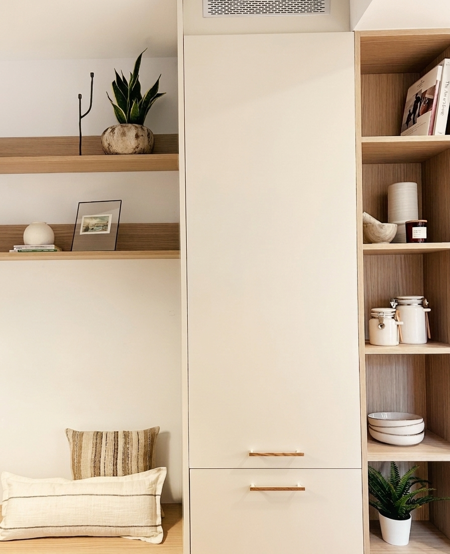 Cocina moderna con gabinetes grises, detalles en negro y vitrinas con frente de vidrio con iluminación.