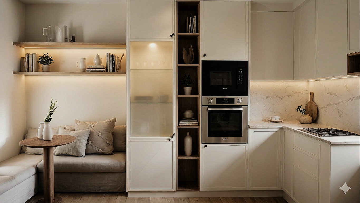Escalera contra una pared azul, con un árbol en una maceta roja; paredes beige y rojas rodean.