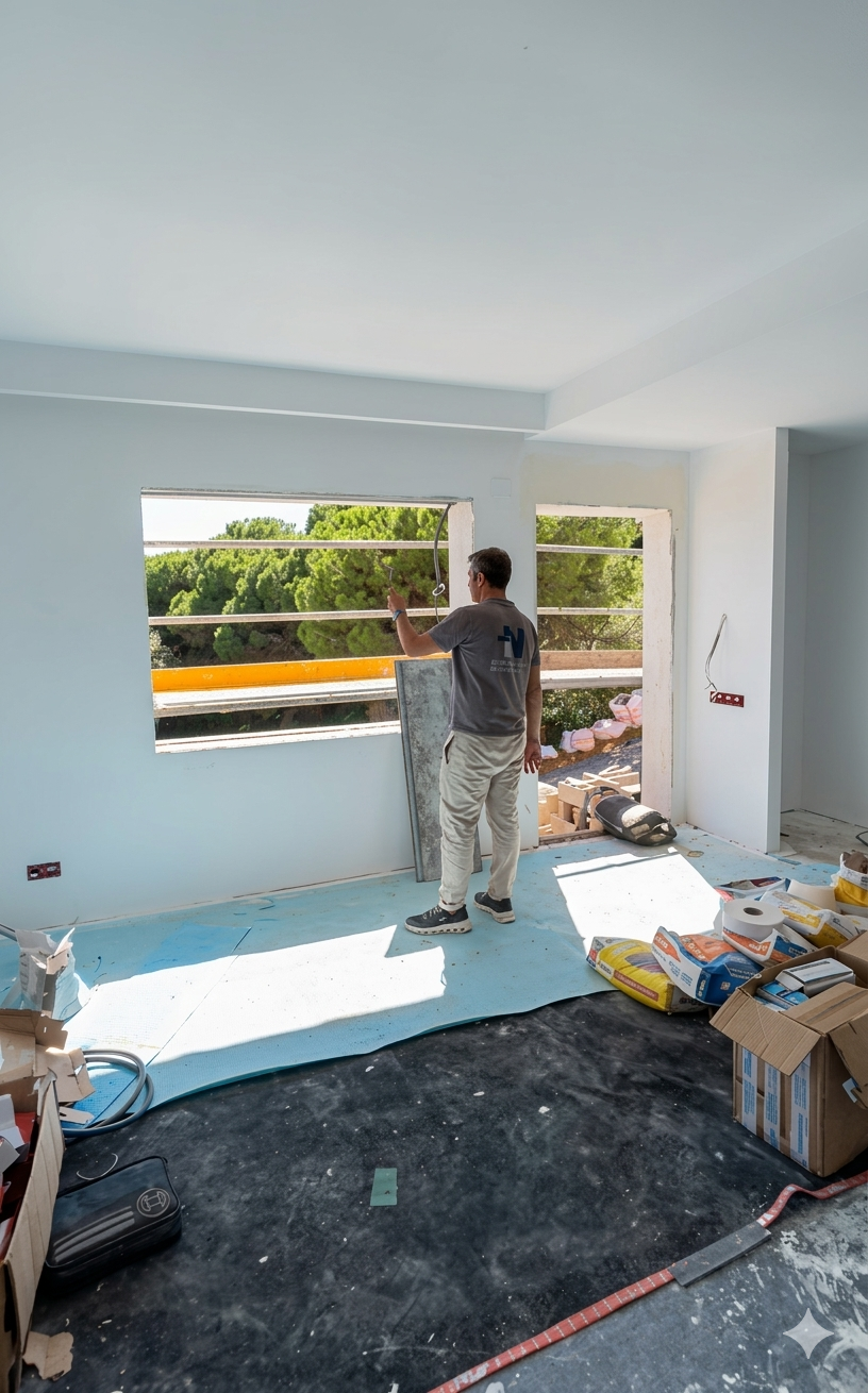 Cocina moderna con gabinetes grises, detalles en negro y vitrinas con frente de vidrio con iluminación.