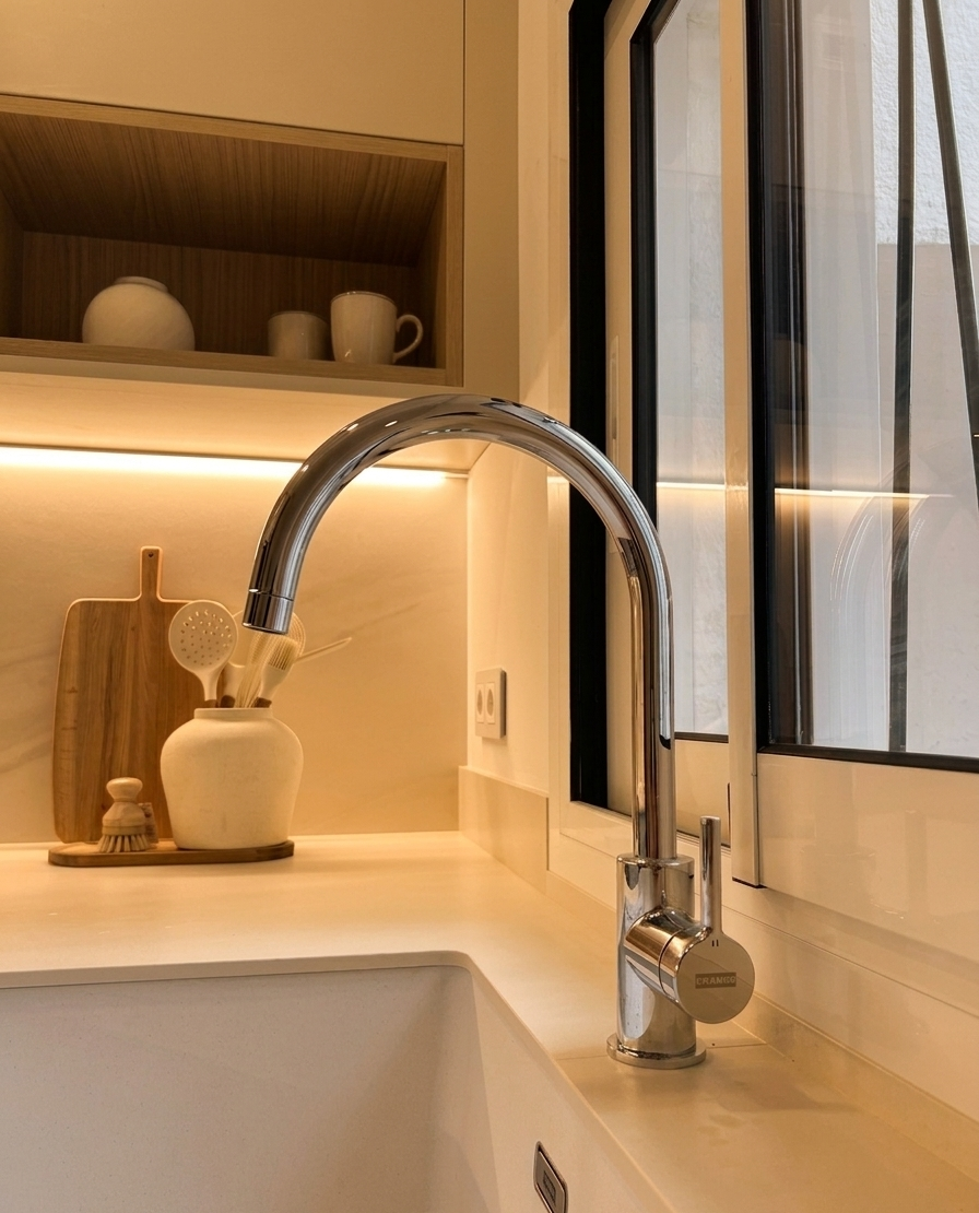 Baño con espejo ovalado retroiluminado, azulejos en espiga gris, lavabo blanco y tocador de madera.