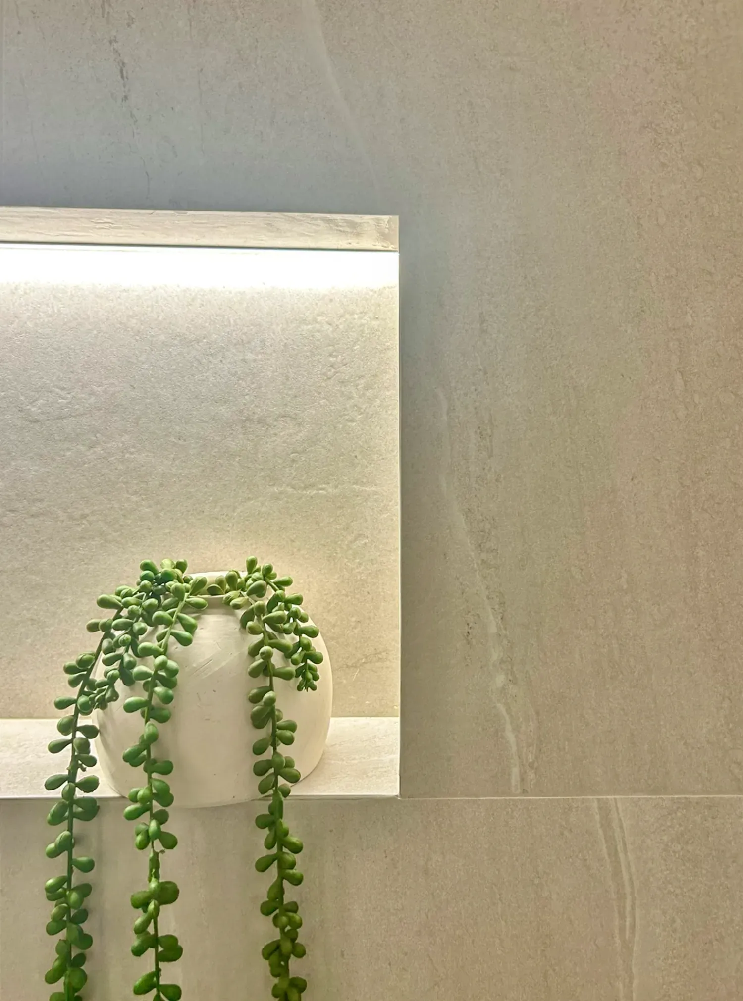 Maceta blanca con planta en forma de collar de perlas en cascada sobre un estante, iluminada por una tira de luz.