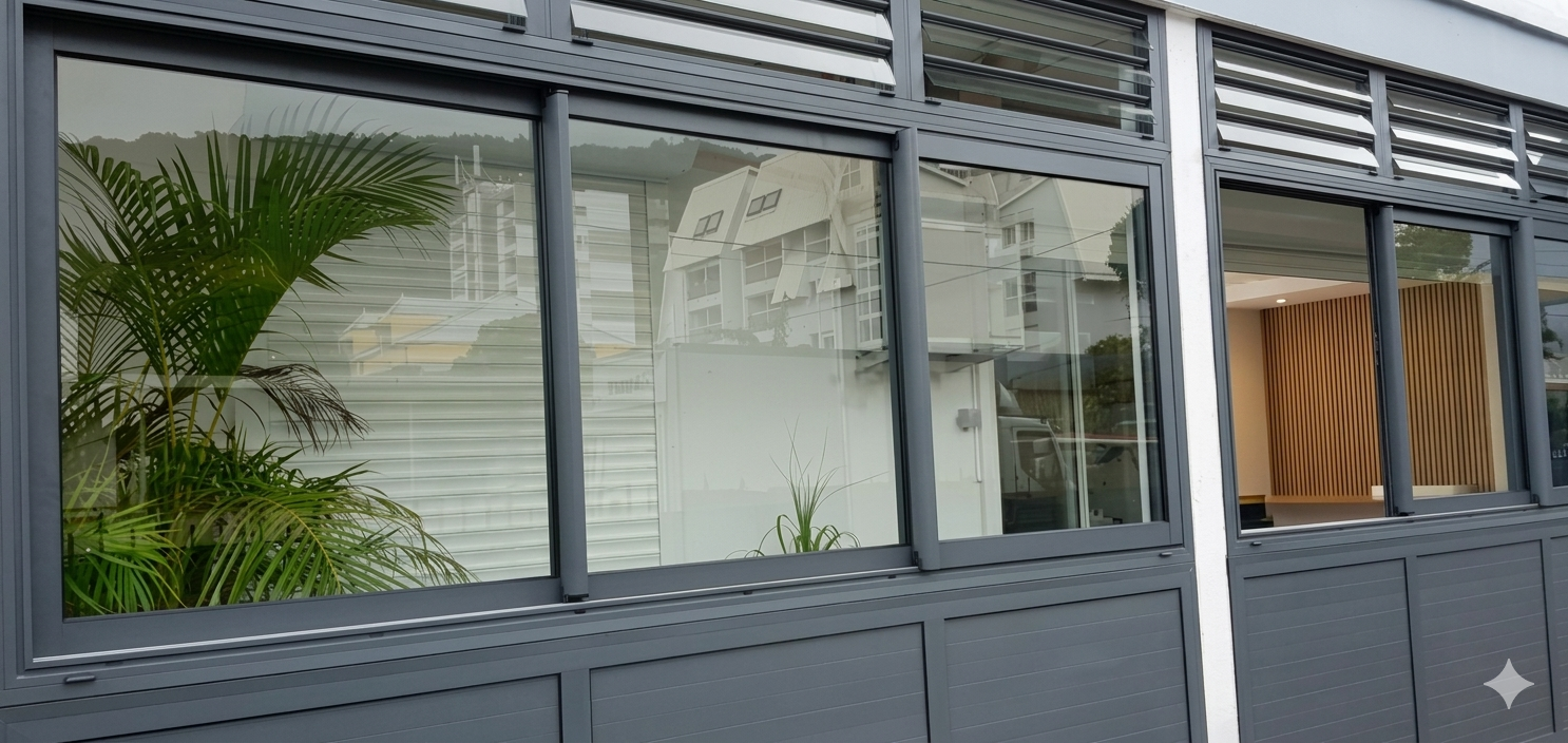 Vitrines modernes avec un palmier en pot et des rideaux à rayures à l'intérieur