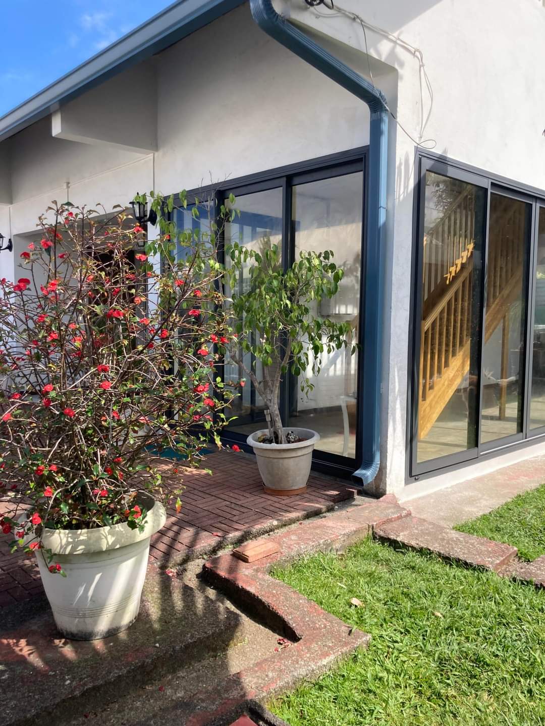 Vue d'une véranda depuis le jardin