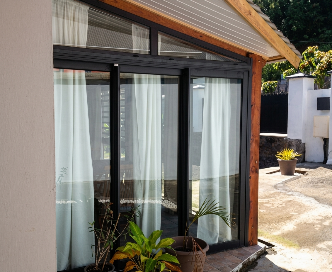 Entrée d'une maison avec portes coulissantes en verre aluminuim noir
