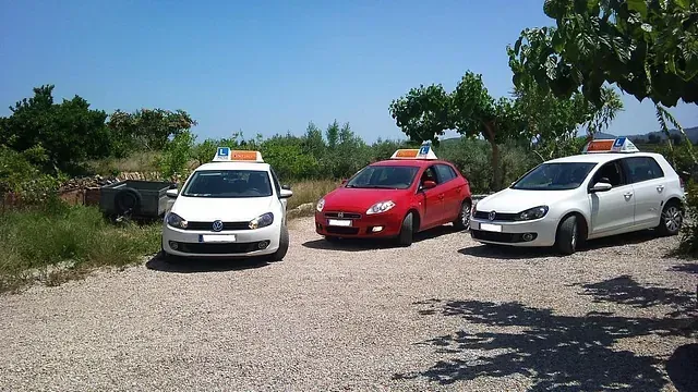 Tres coches están aparcados uno al lado del otro en un camino de grava.