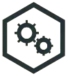 Dos engranajes en un icono hexagonal sobre un fondo blanco.