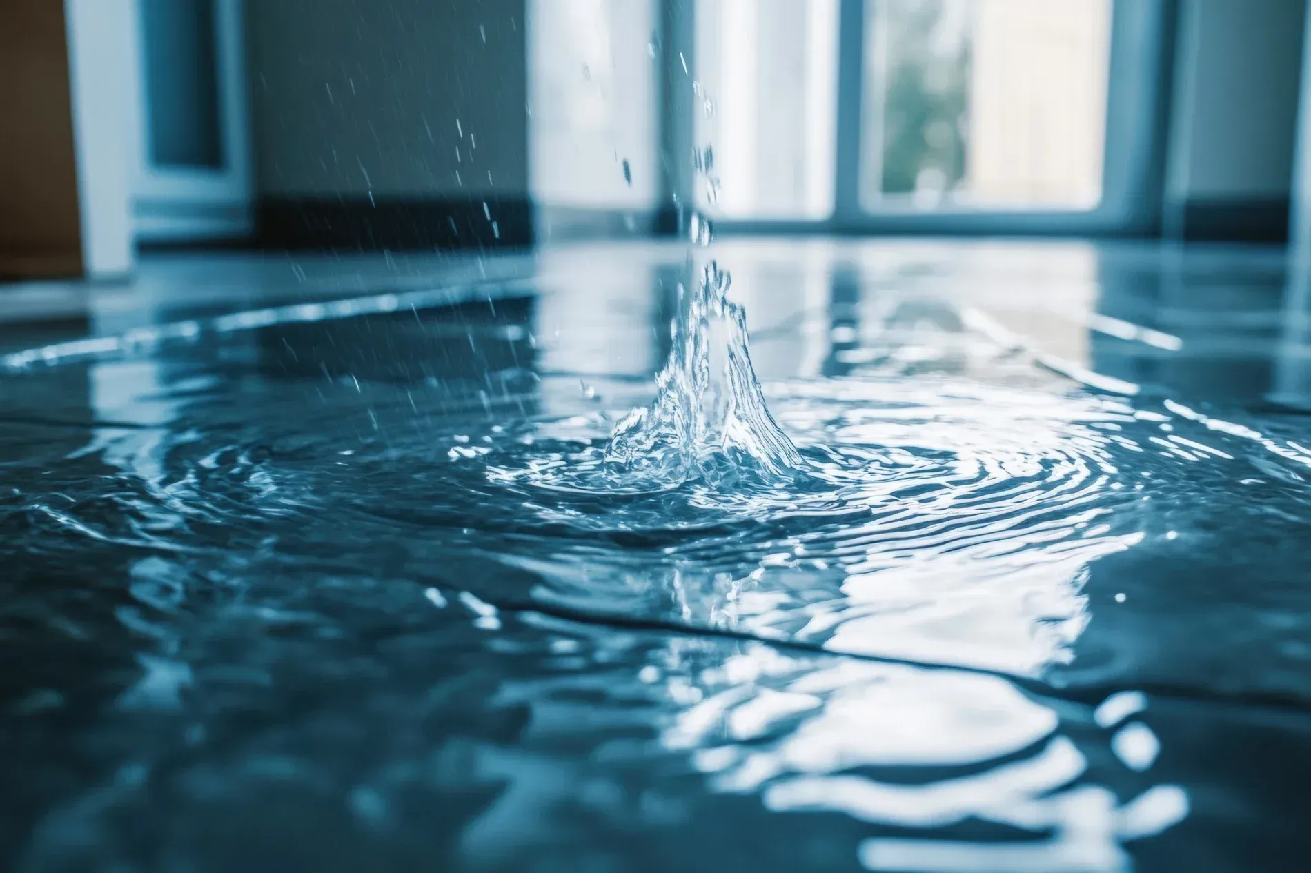 Agua que brota sobre un suelo de baldosas en una habitación, creando ondas y charcos.