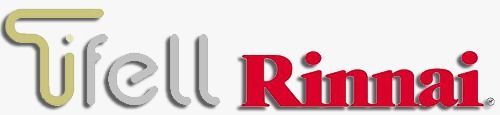 Logotipos de Tifell y Rinnai en dorado y texto rojo sobre un fondo claro.