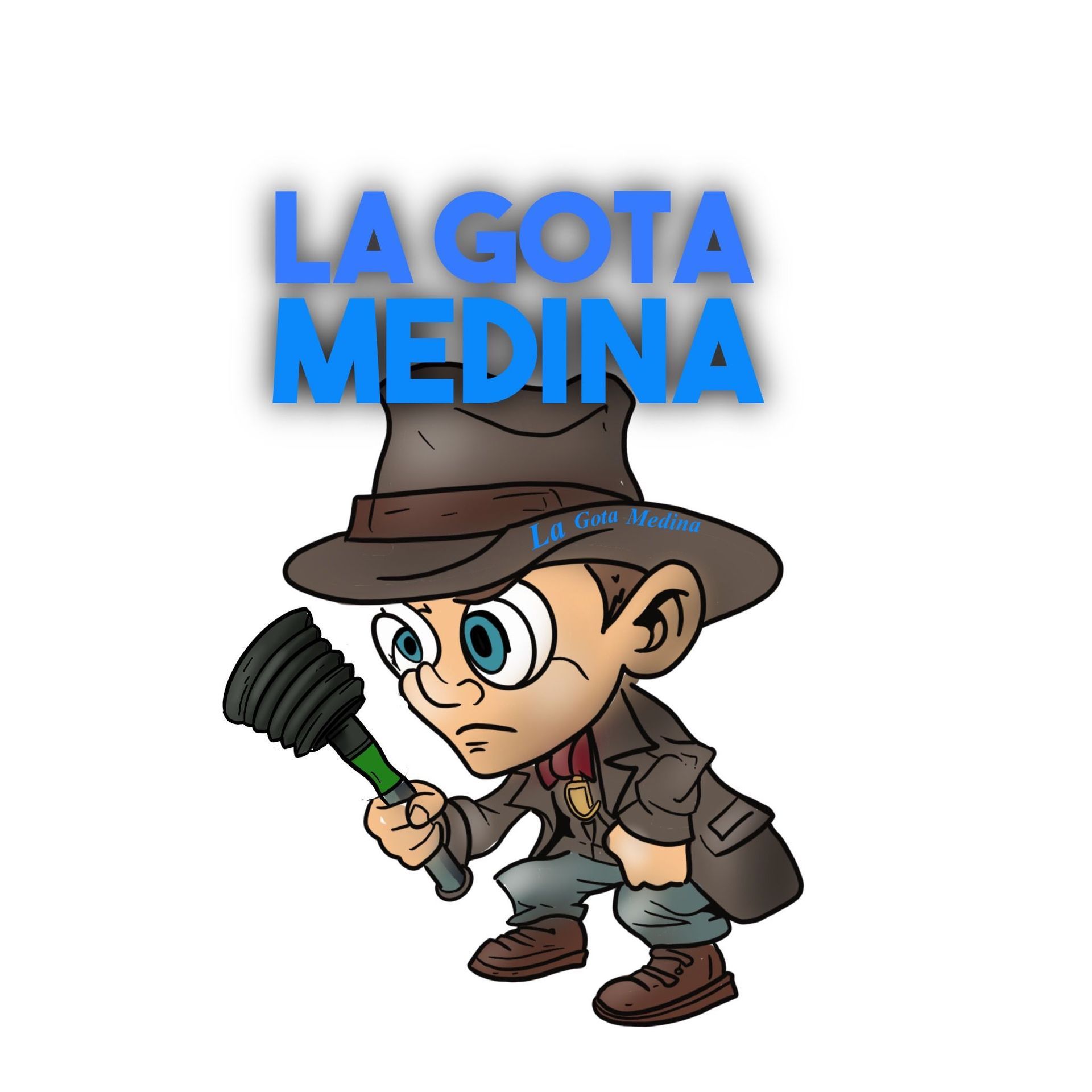 Un personaje de dibujos animados sostiene un desatascador frente a las palabras La Gota Medina.