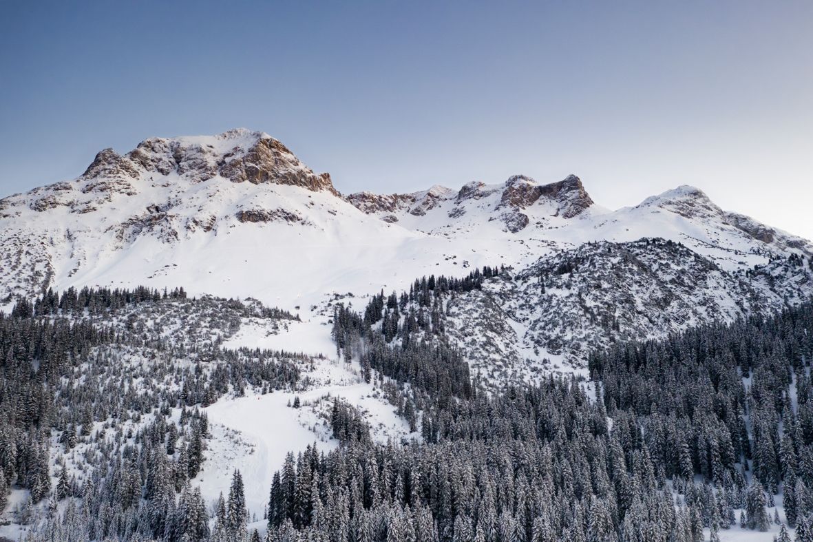 eine schneebedeckte Bergkette mit Bäumen im Vordergrund