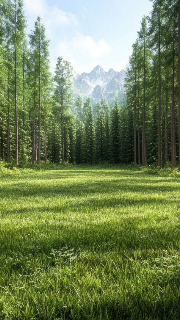 Prairie verdoyante et luxuriante entourée de grands arbres denses. Montagnes visibles au loin sous un ciel lumineux.