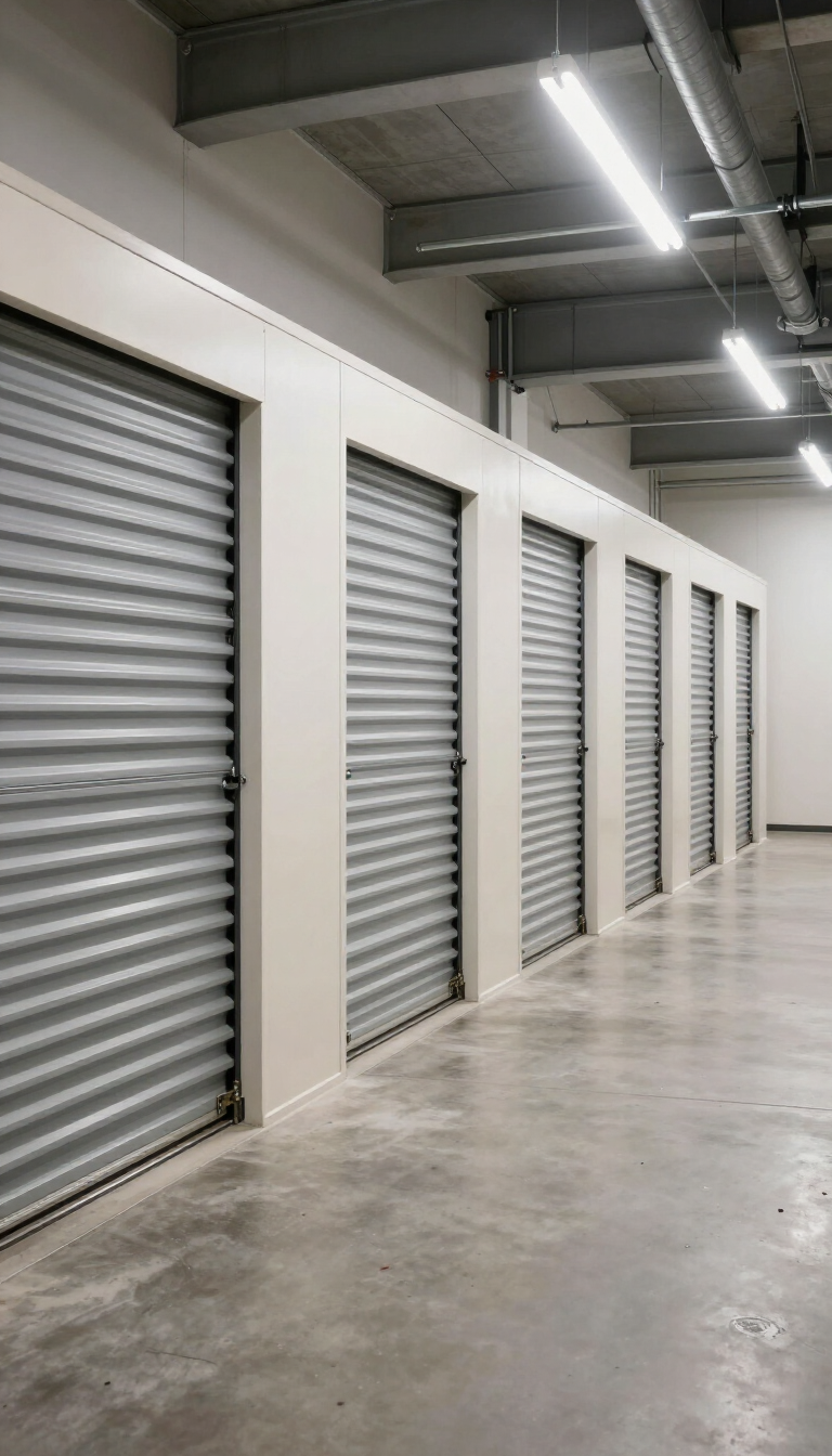 Fila de puertas cerradas de trasteros grises en un pasillo interior limpio con suelos de hormigón y luces en el techo.